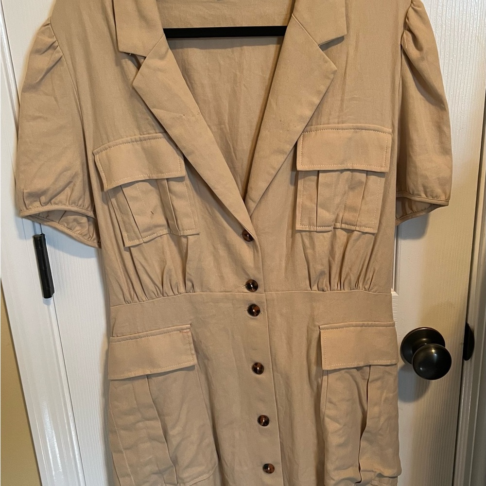 Beige Button-Up Utility Dress